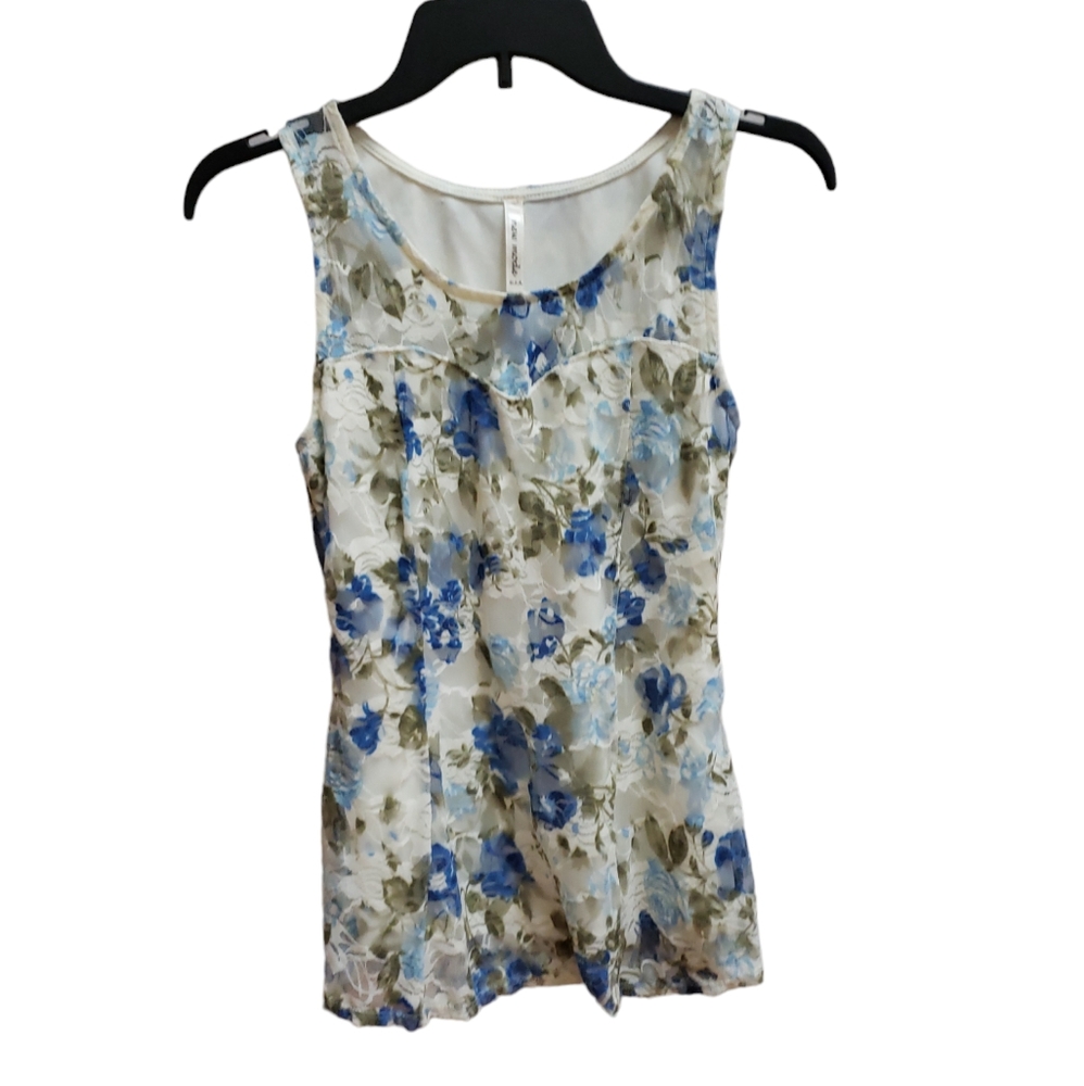 New Mode Tank Top Womens Size M Ivory Blue Lace Victorian Slimming